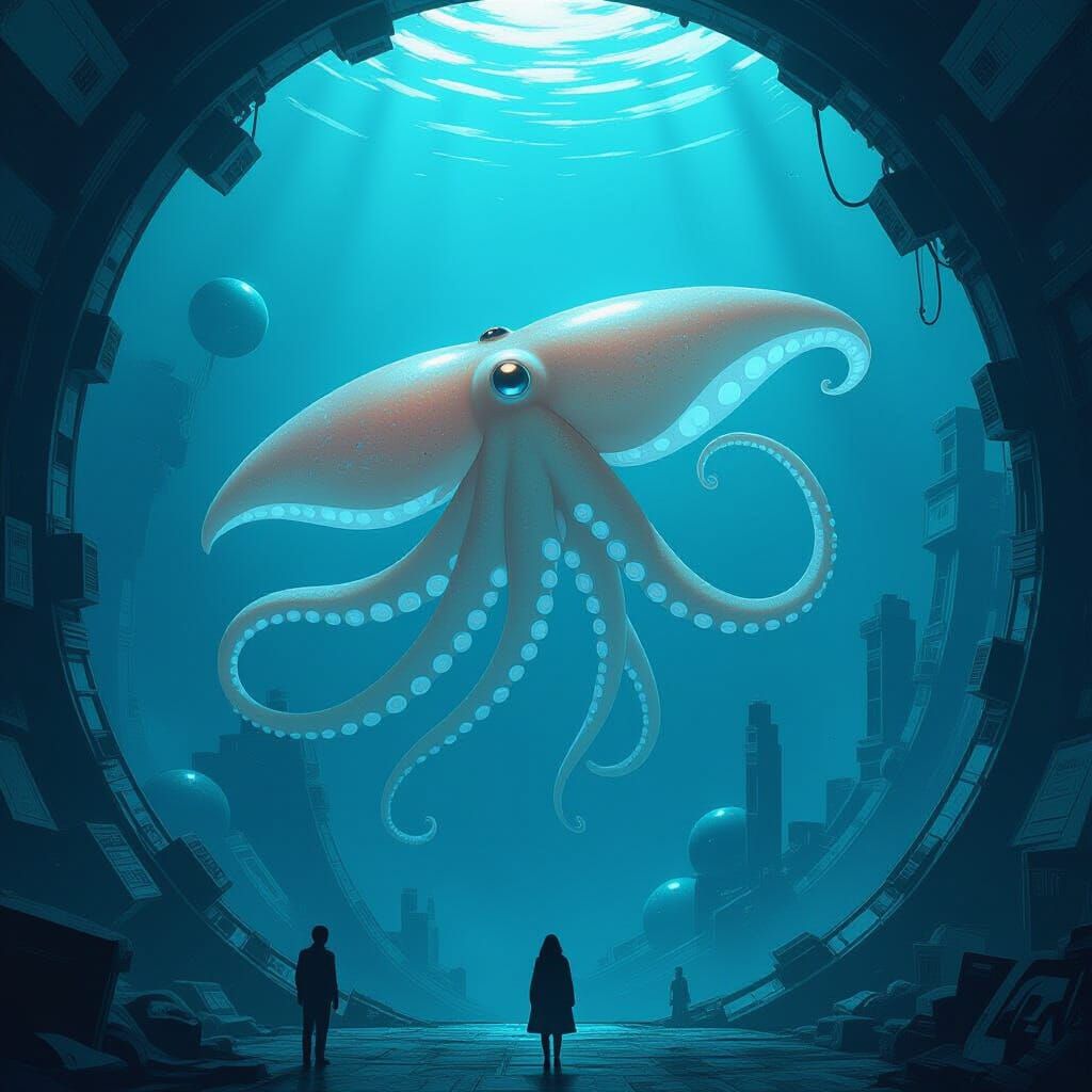 Bioluminescent Squid in Futuristic Space Station Ruins