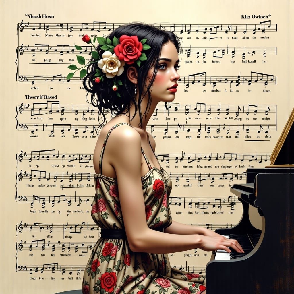 Woman with Piano and Roses in Mixed Media