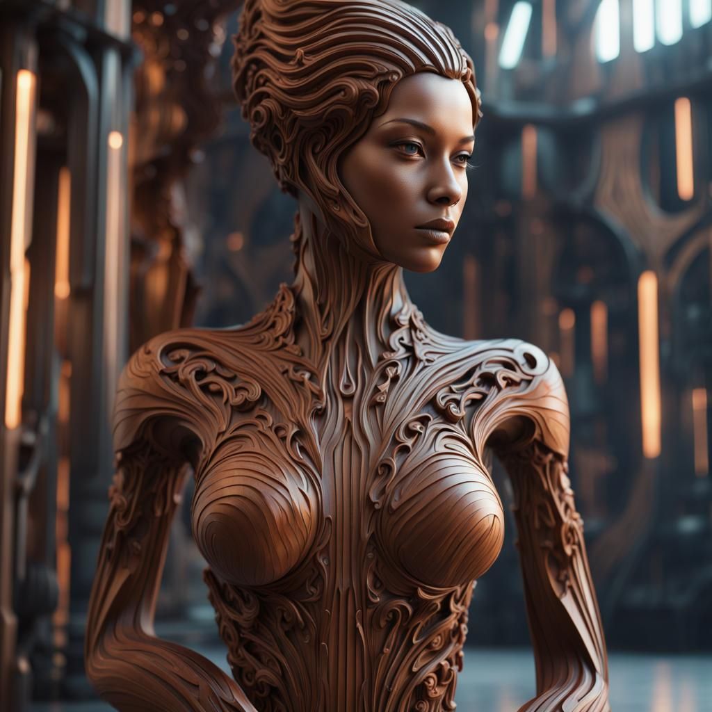 Futuristic Wooden Sculpture of a Woman in 4K