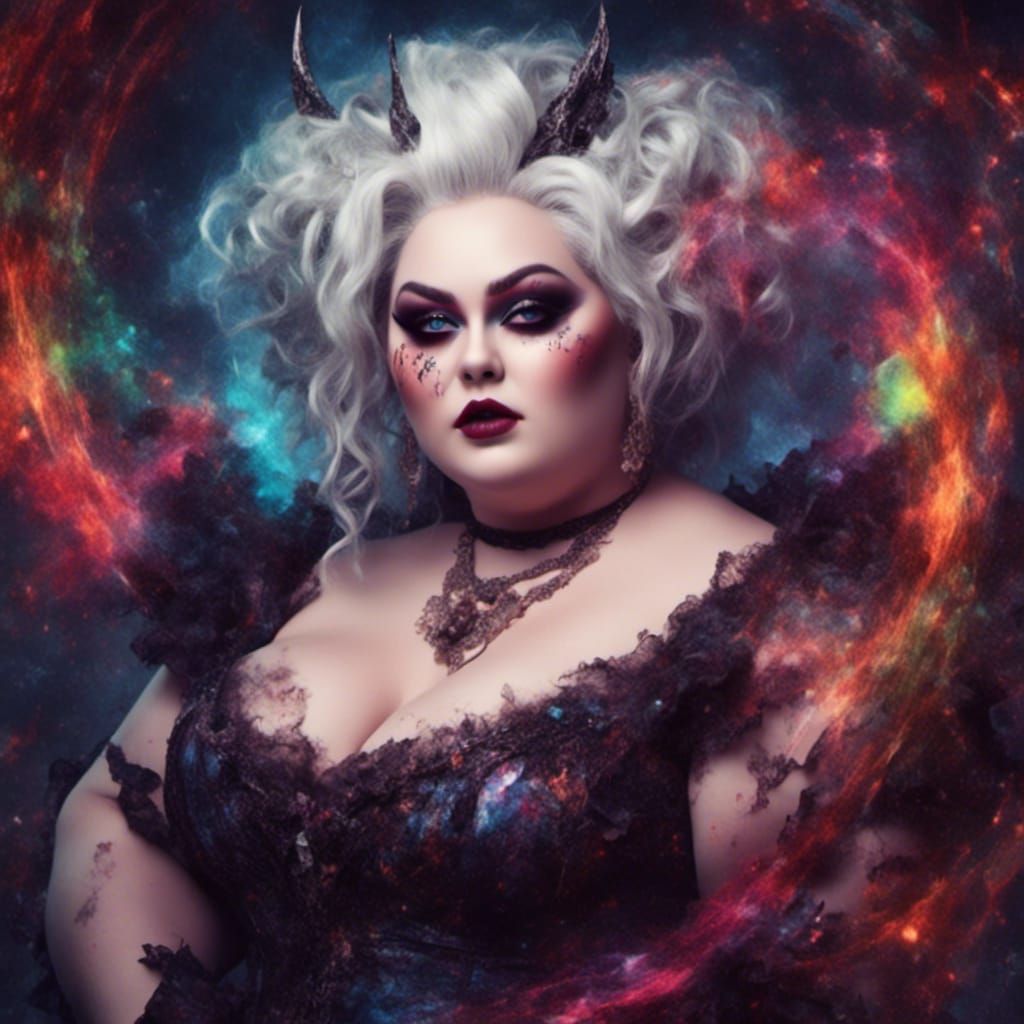 a bbw witch with white skin heterochromic eyes and pearlescent hair making a rainbow...