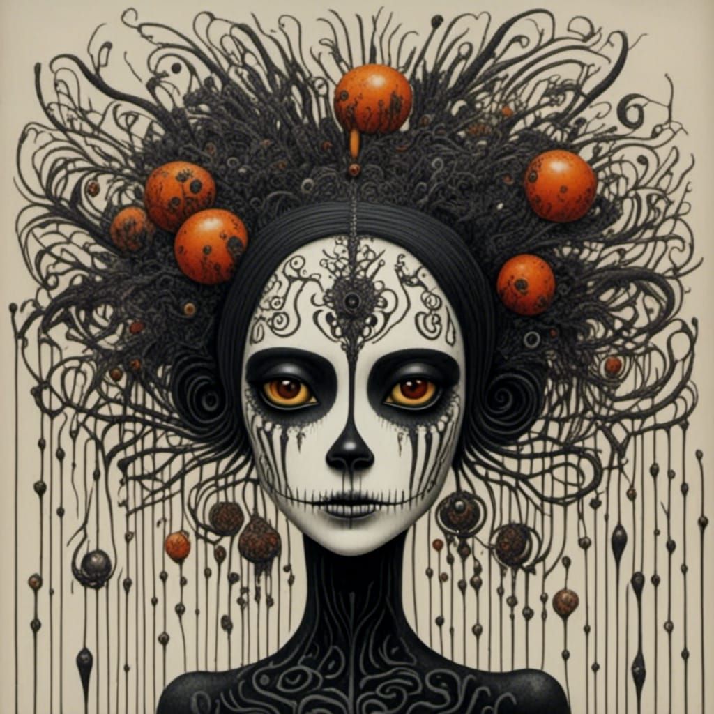 Sinister Skeleton Woman in Charcoal Psychedelic Style