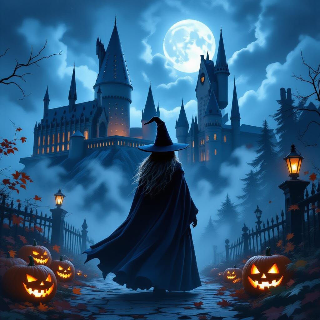 Halloween Witch at Hogwarts Castle in Digital Painting