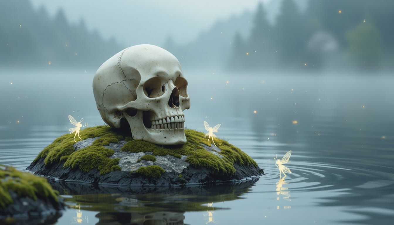 Ornate Skull by Misty Lake with Whimsical Sprites