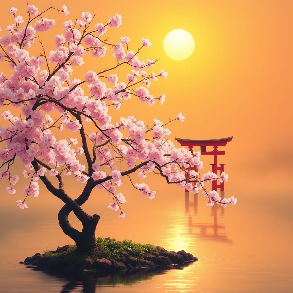 Delicate Cherry Blossom Tree in Japanese Island Serenity