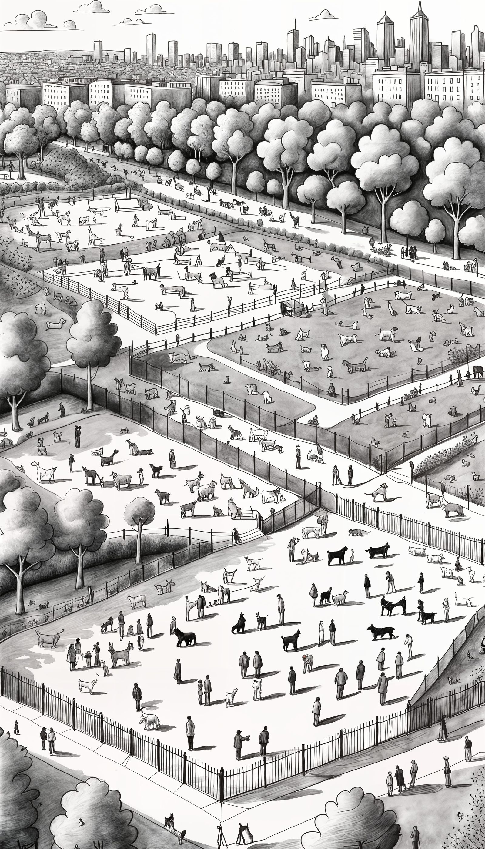 Dog Park Scene in Doodle Style Illustration