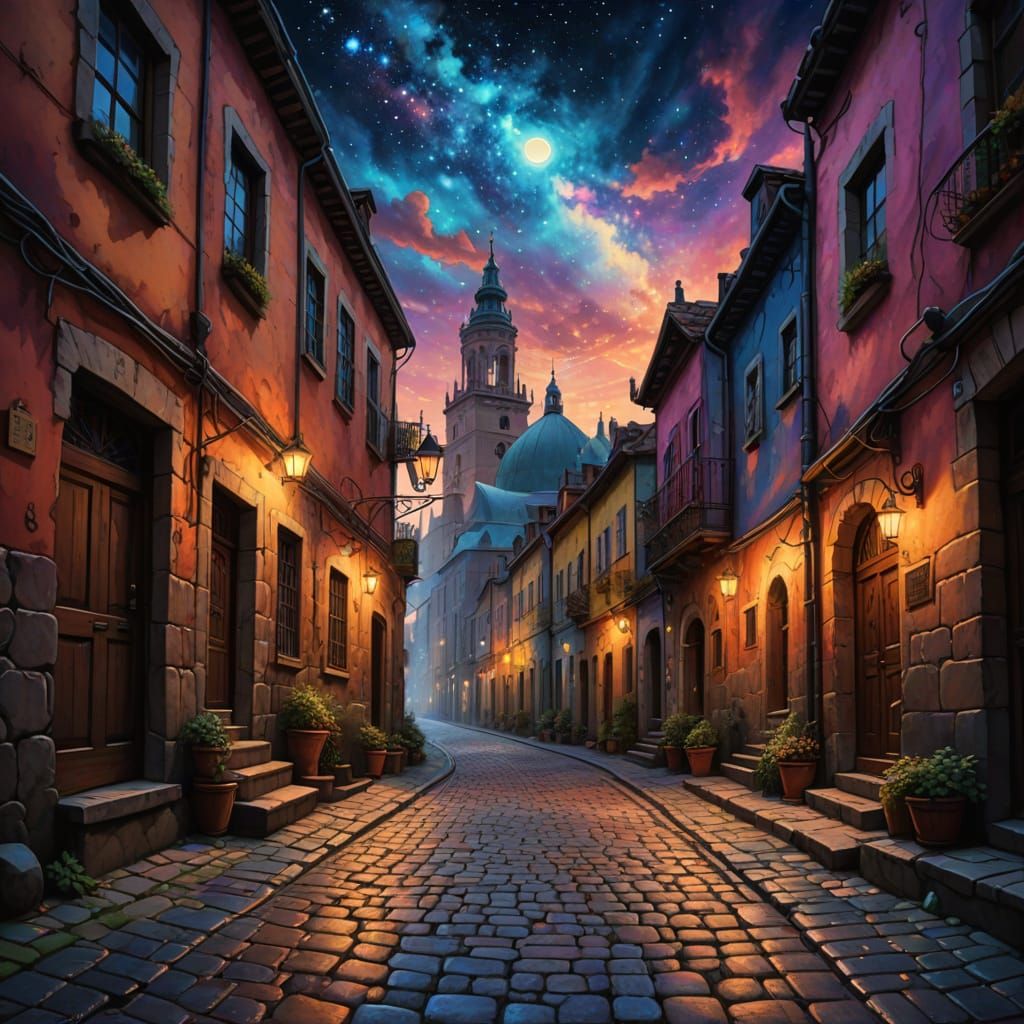 Renaissance Alleyway Meets Cosmic Dreamscape in Detailed Pai...