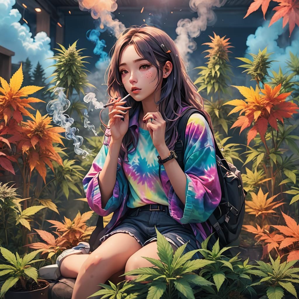 Anime Girl in Tie Dye Smoking: 3D Digital Art