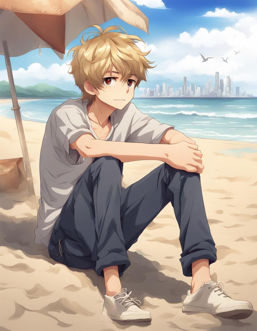 Teenage boy with brownish blonde hair, sitting on the beach.