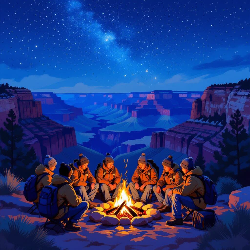 Boy Scouts Campfire at Grand Canyon Night View