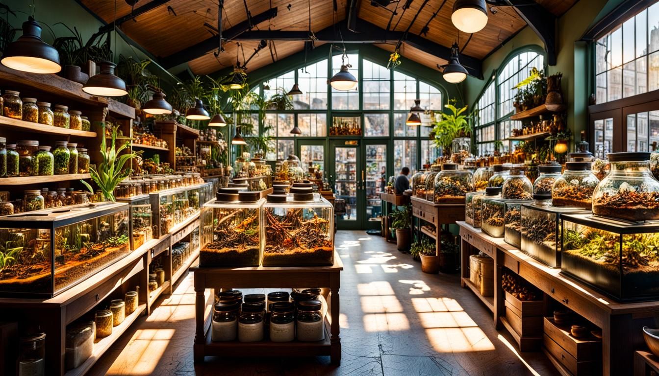 Bustling Insect Shop with Colorful Terrariums