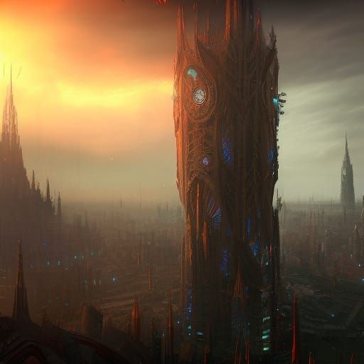 Fantastical Swirling Black Tower in City Concept Art