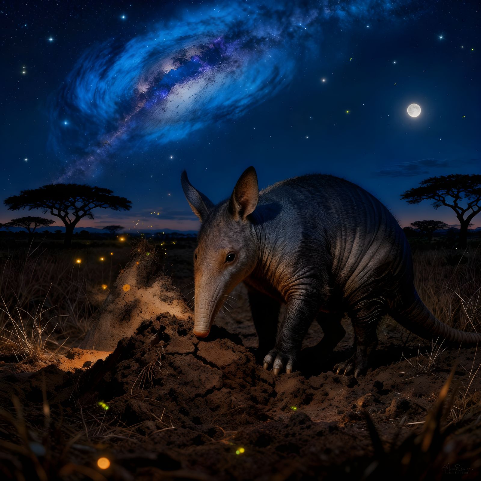 Aardvark Digs Termite Mount Under Milky Way