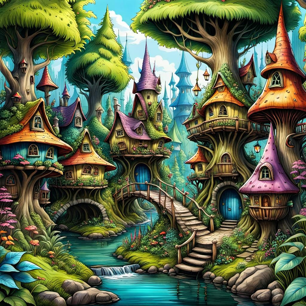 Enchanted Forest Urban Sketch with Fairy Village