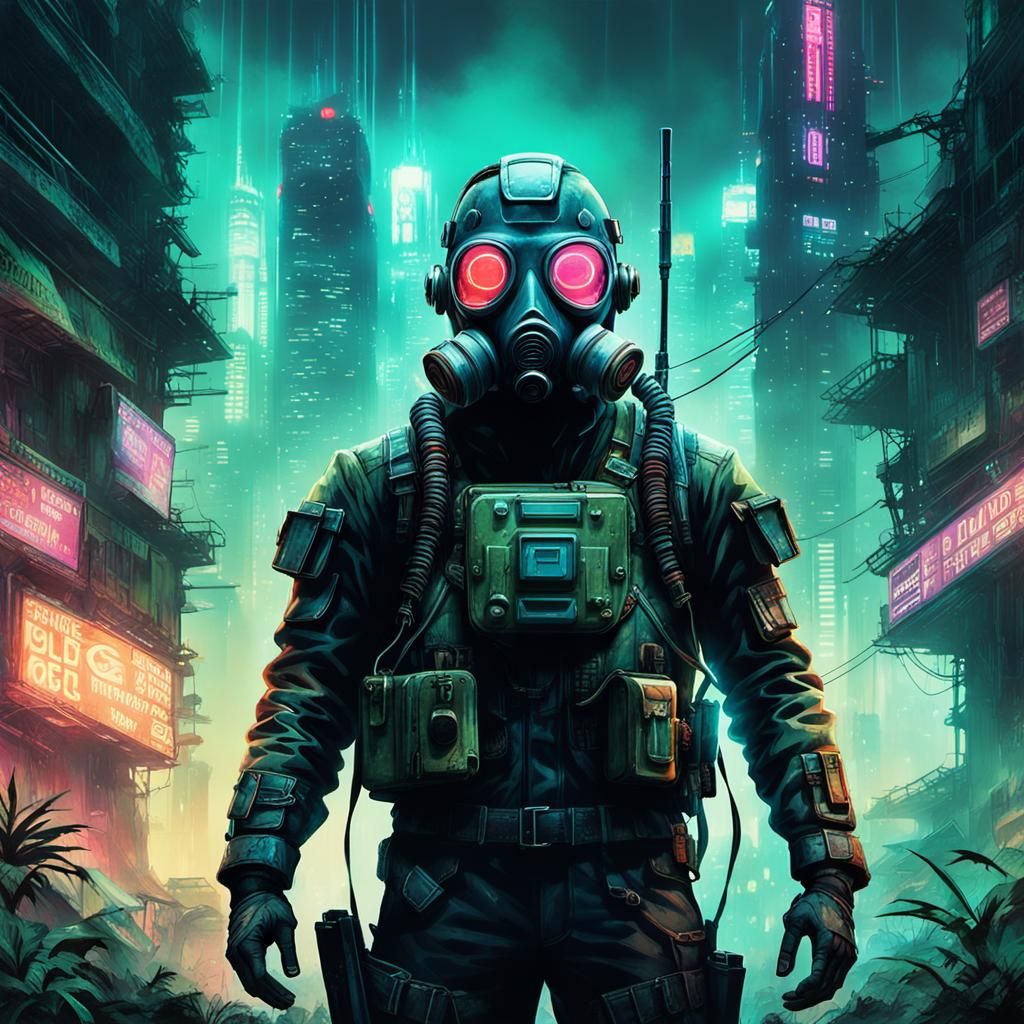 Cyberpunk Soldier in Jungle, Noir Art Nouveau Style