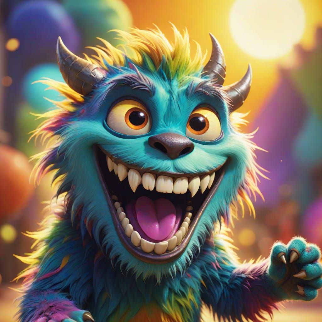Laughing Monster with Fur Texture in Pixar Style