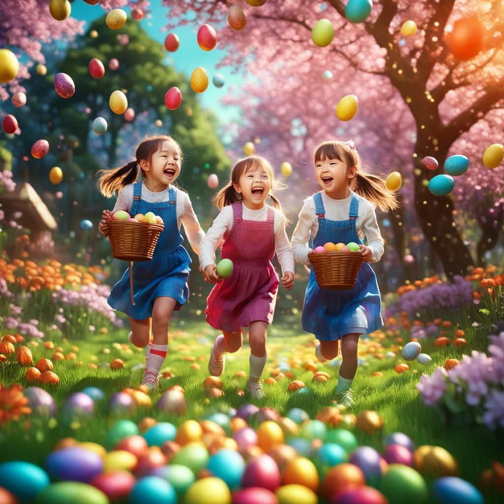 Happy Girls Egg Hunt in Spring Garden