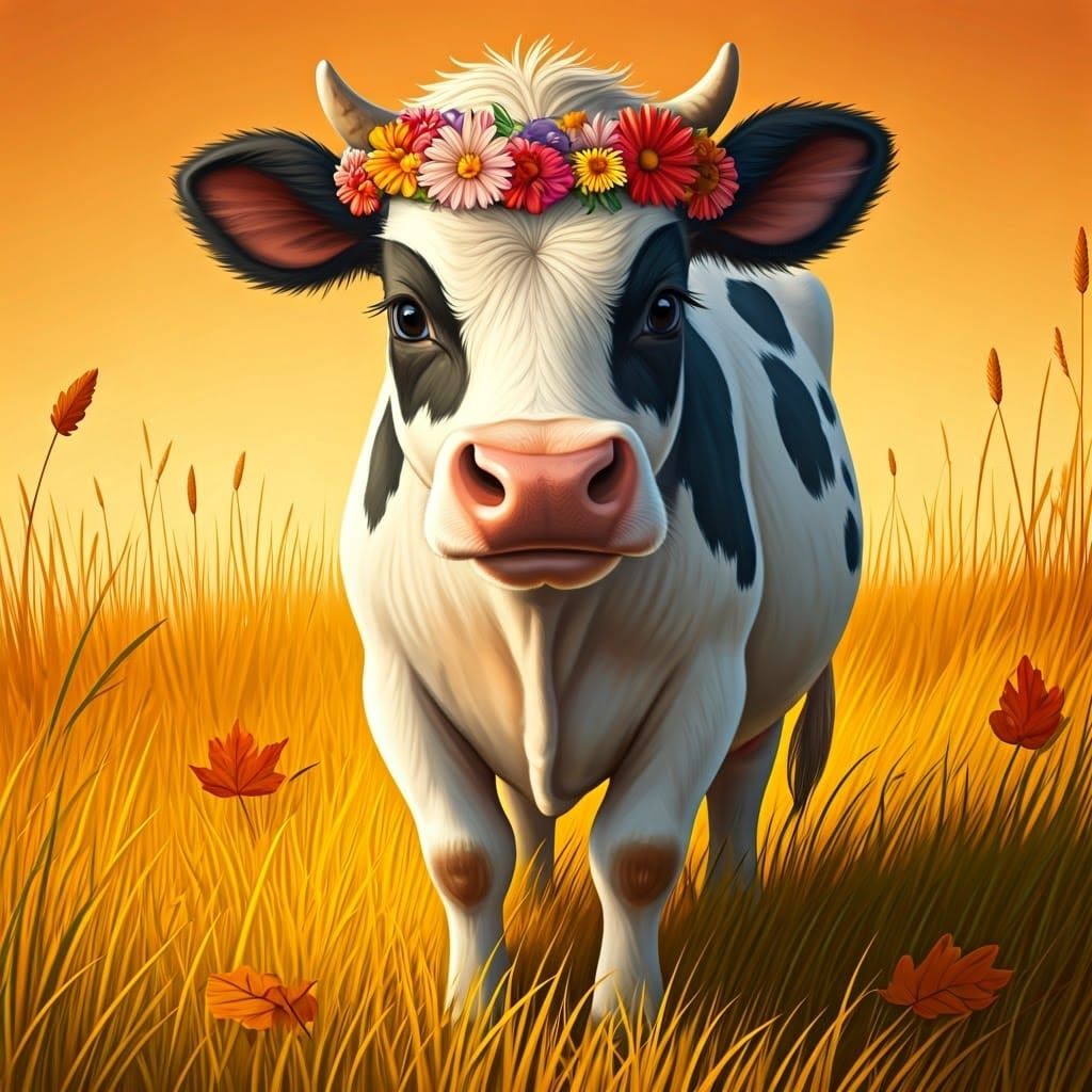 Whimsical Cow with Flower Crown in Autumn Field