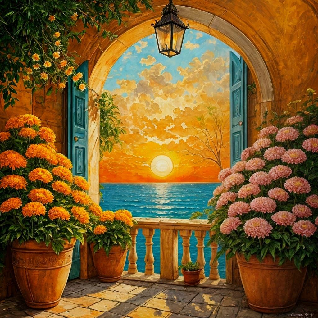 Mediterranean Estate: Grungy Oil Painting at Sunset