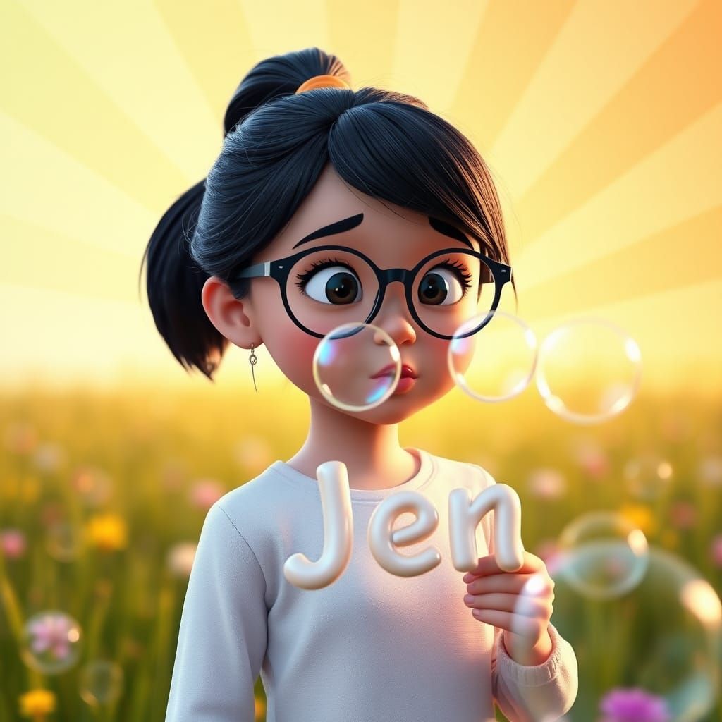 Girl Blowing Bubbles in a Pixar-Style 3D Render