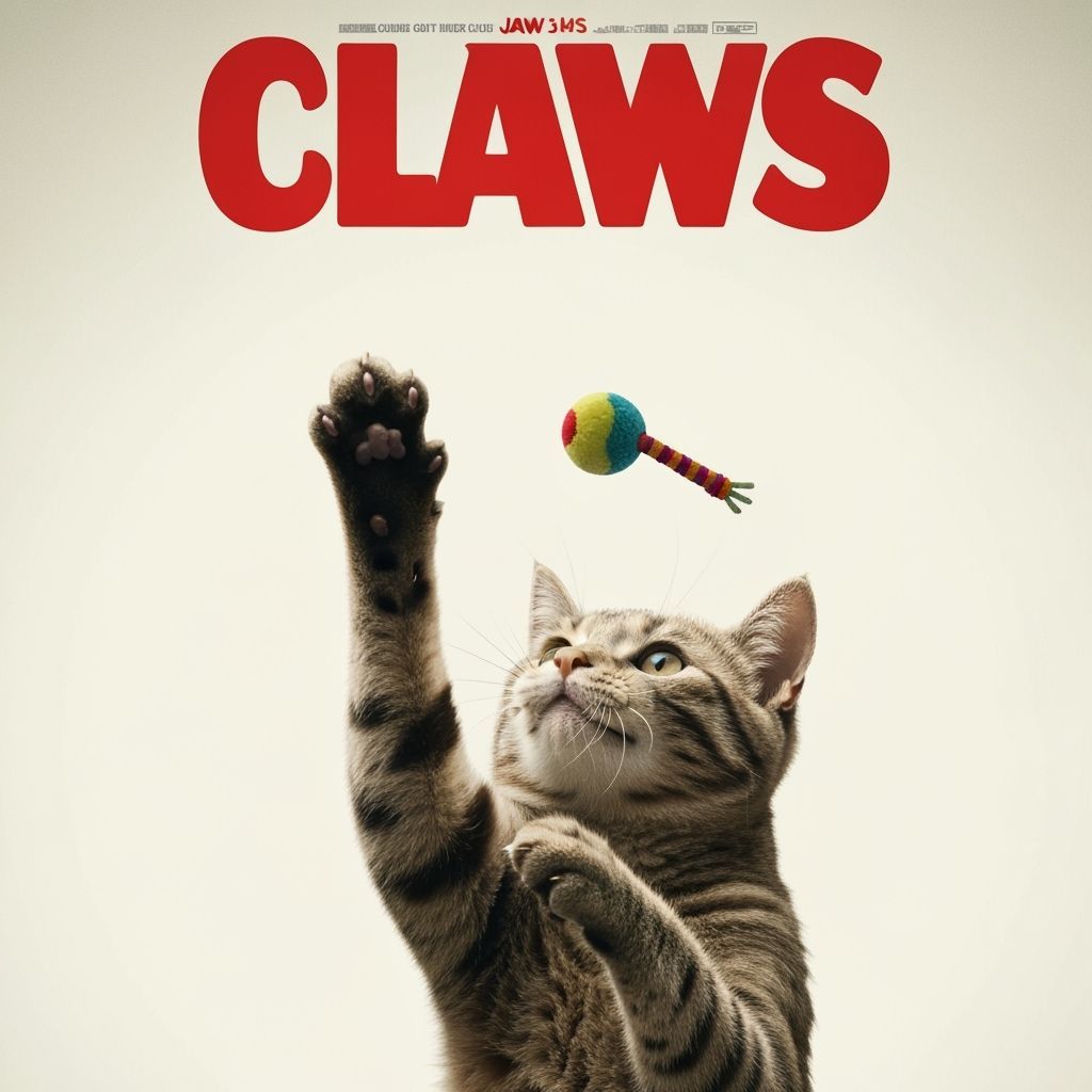Cat Reimagines Jaws Poster With Paw Reaching for Toy