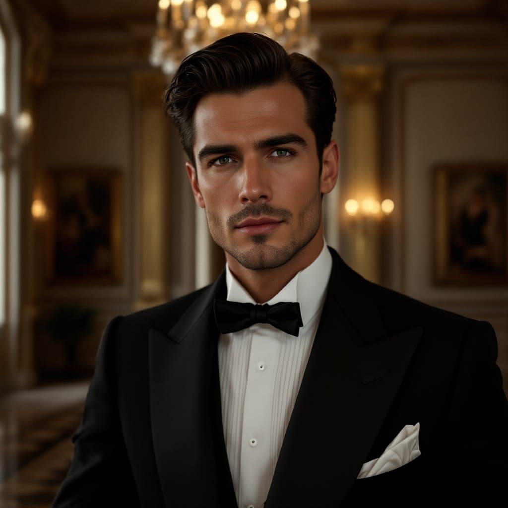 Elegant Aristocratic Gentleman in Black Tuxedo, Wheatish Ski...