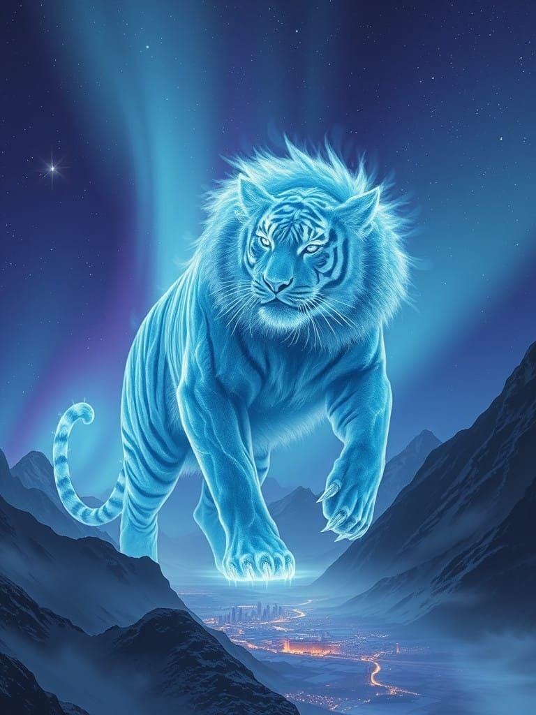 Celestial Tiger Rises Above Majestic Mountains and Ancient C...