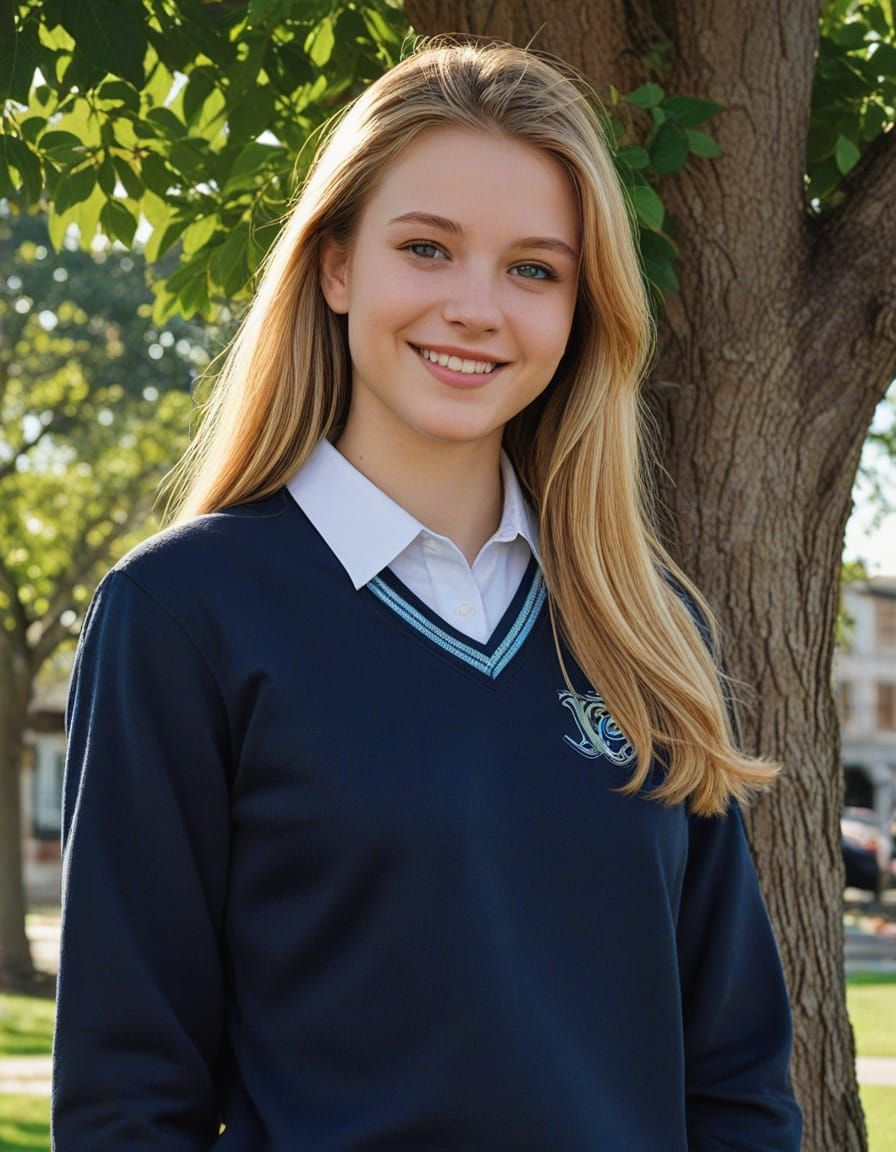 Teenage Girl in Catholic School Uniform Smiles Under Tree