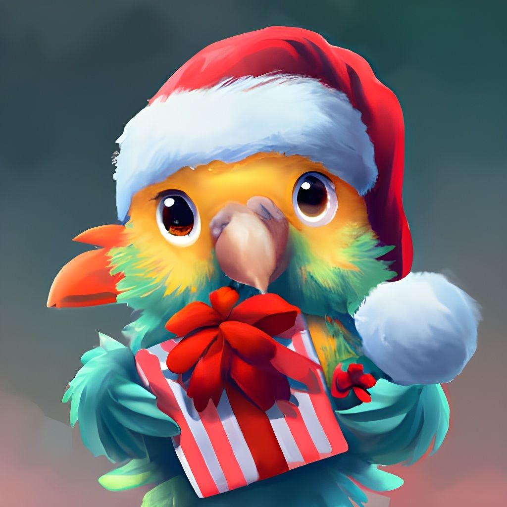 Cute Chibi Parrot with Santa Hat and Gift