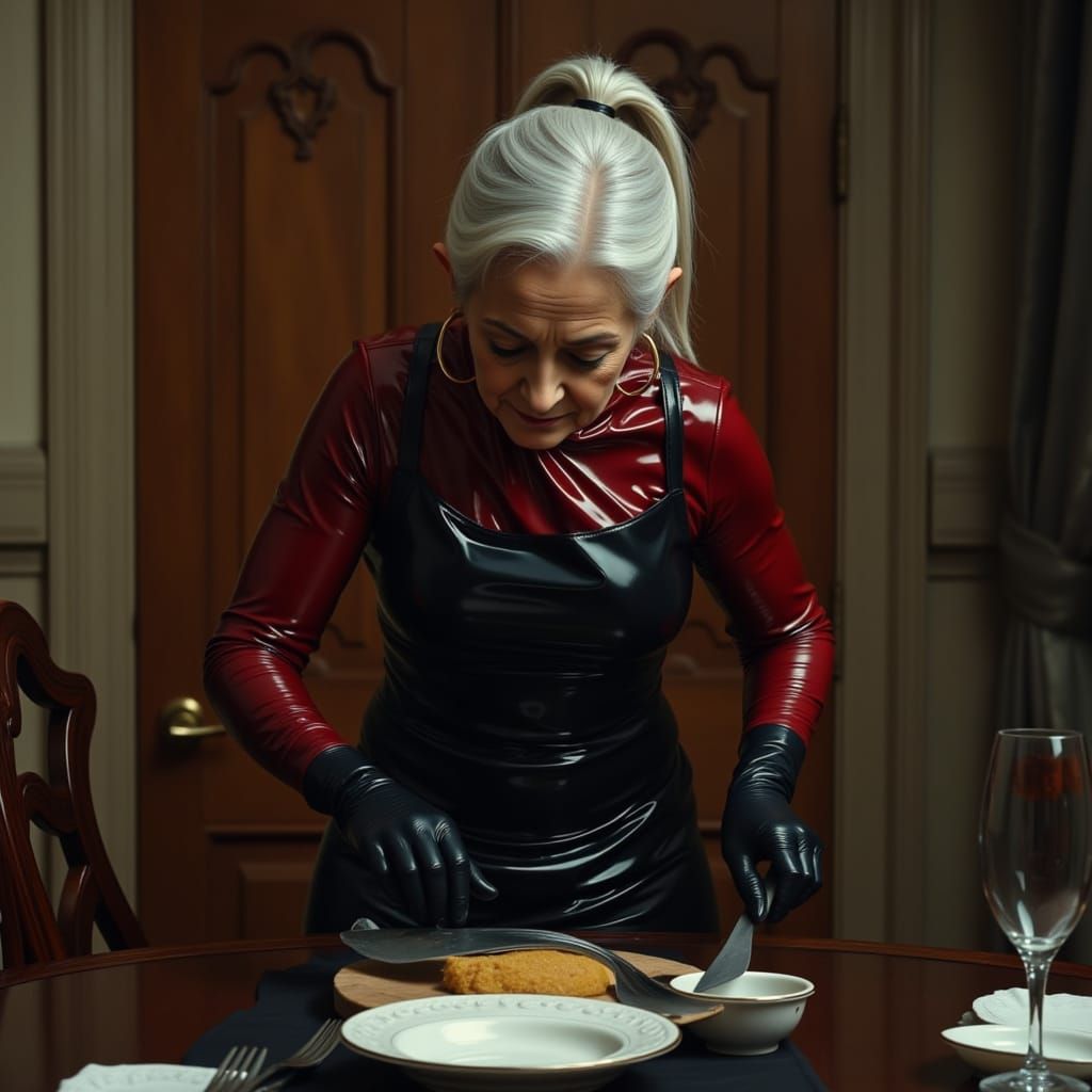 Elderly Woman in Latex Clears Dinner Table