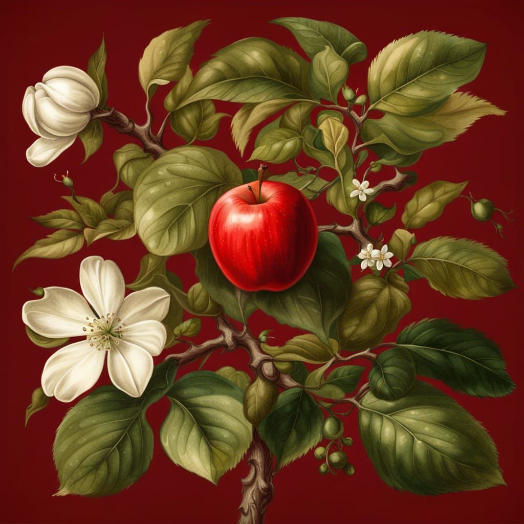 Vintage Botanical Illustration of a Red Apple