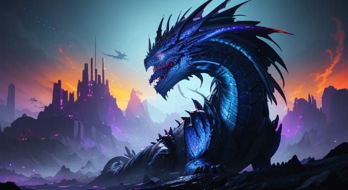 Cyber Dragon Devours Futuristic Cityscape in Iridescent Scal...