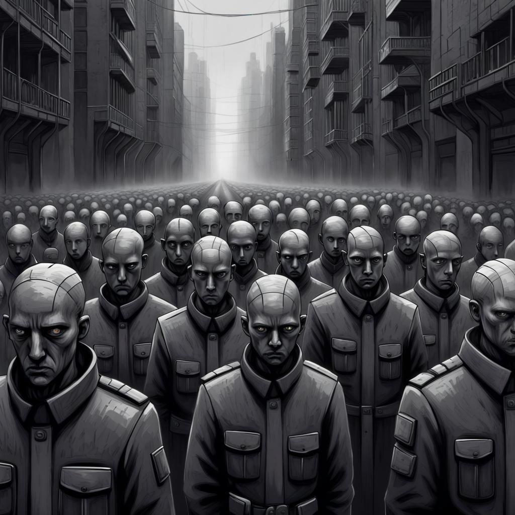 Dystopian Cityscape with Monochrome Crowd in Surrealist Styl...