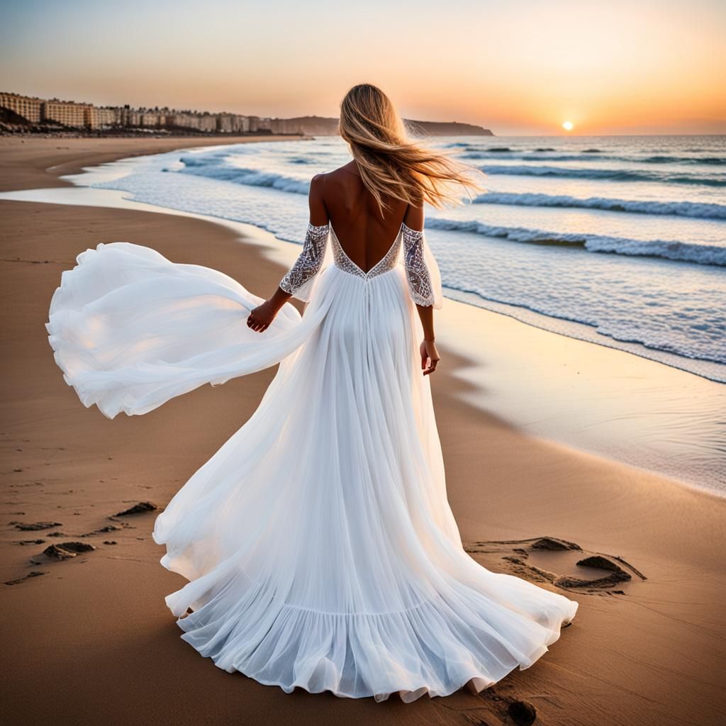 Woman on Beach at Sunset Writing Love in Sand