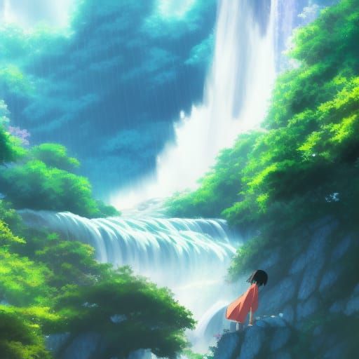 Anime Waterfall Key Visual by Makoto Shinkai