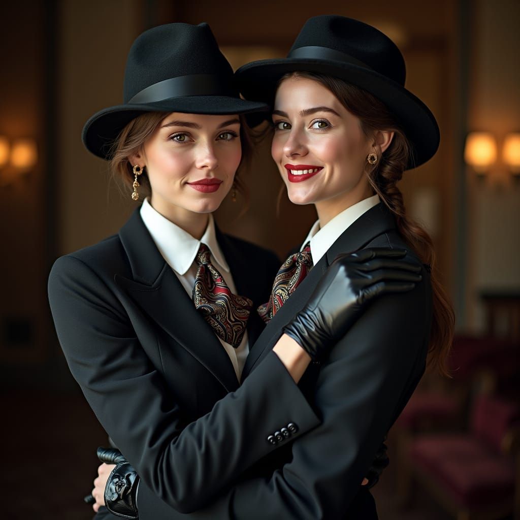 Elegant Businesswomen Embrace in Shimmering Paisley Ties