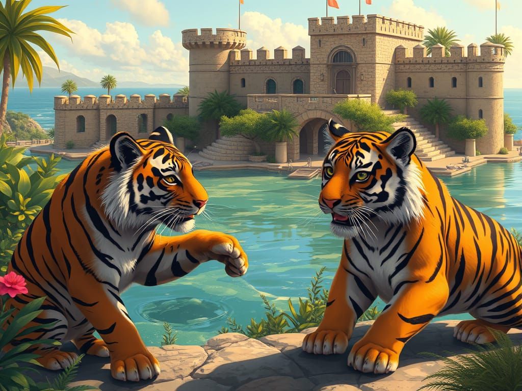 Tigers Play in Sunny Seaside Fortress