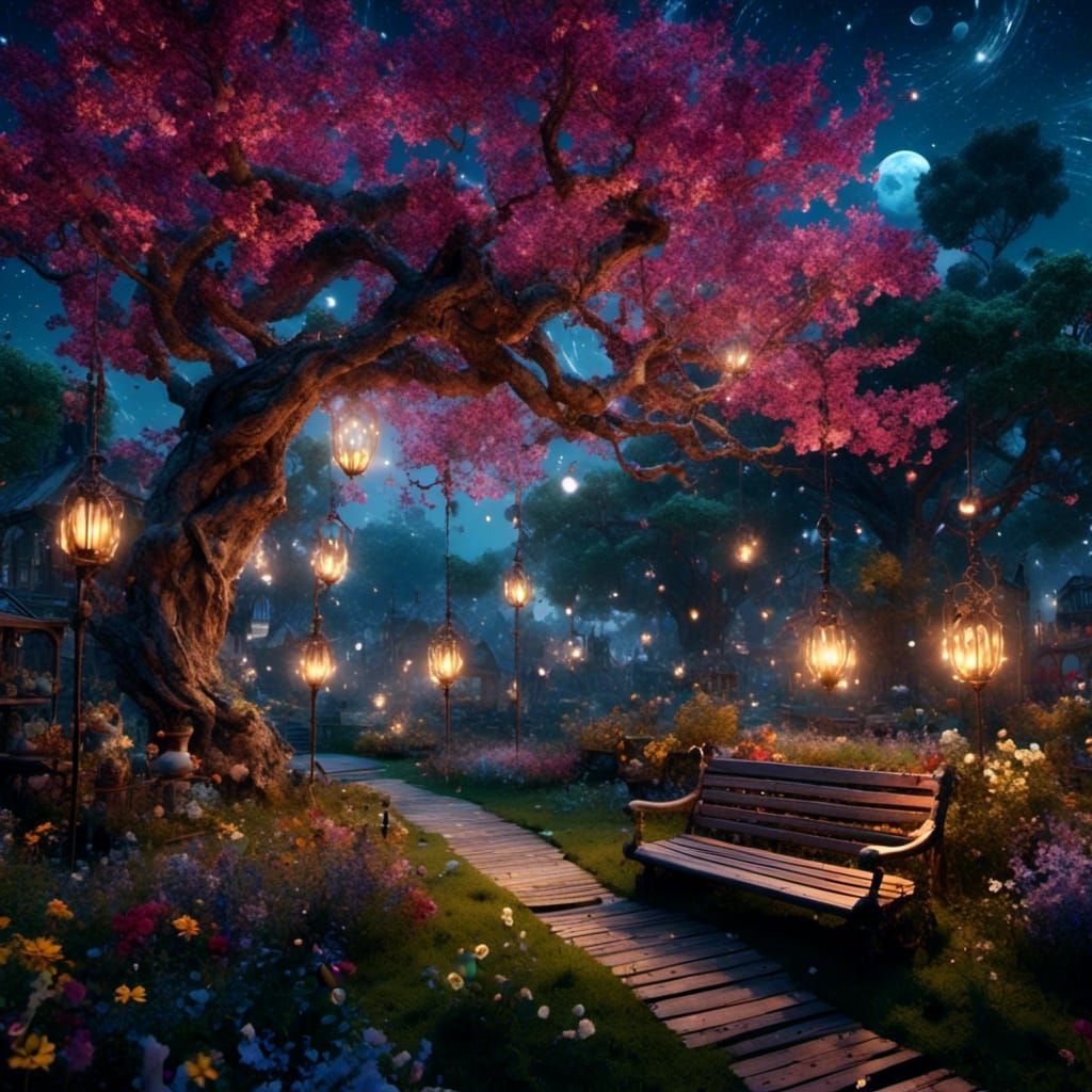 Mysterious Night Garden Reflecting Earth and Milky Way