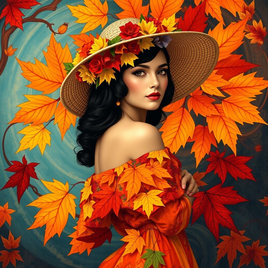 Vibrant Art Nouveau-Inspired Portrait of a Woman in a Floral...