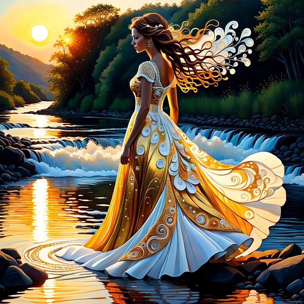 Woman in Foam Dress at Sunset in Zentangle Style