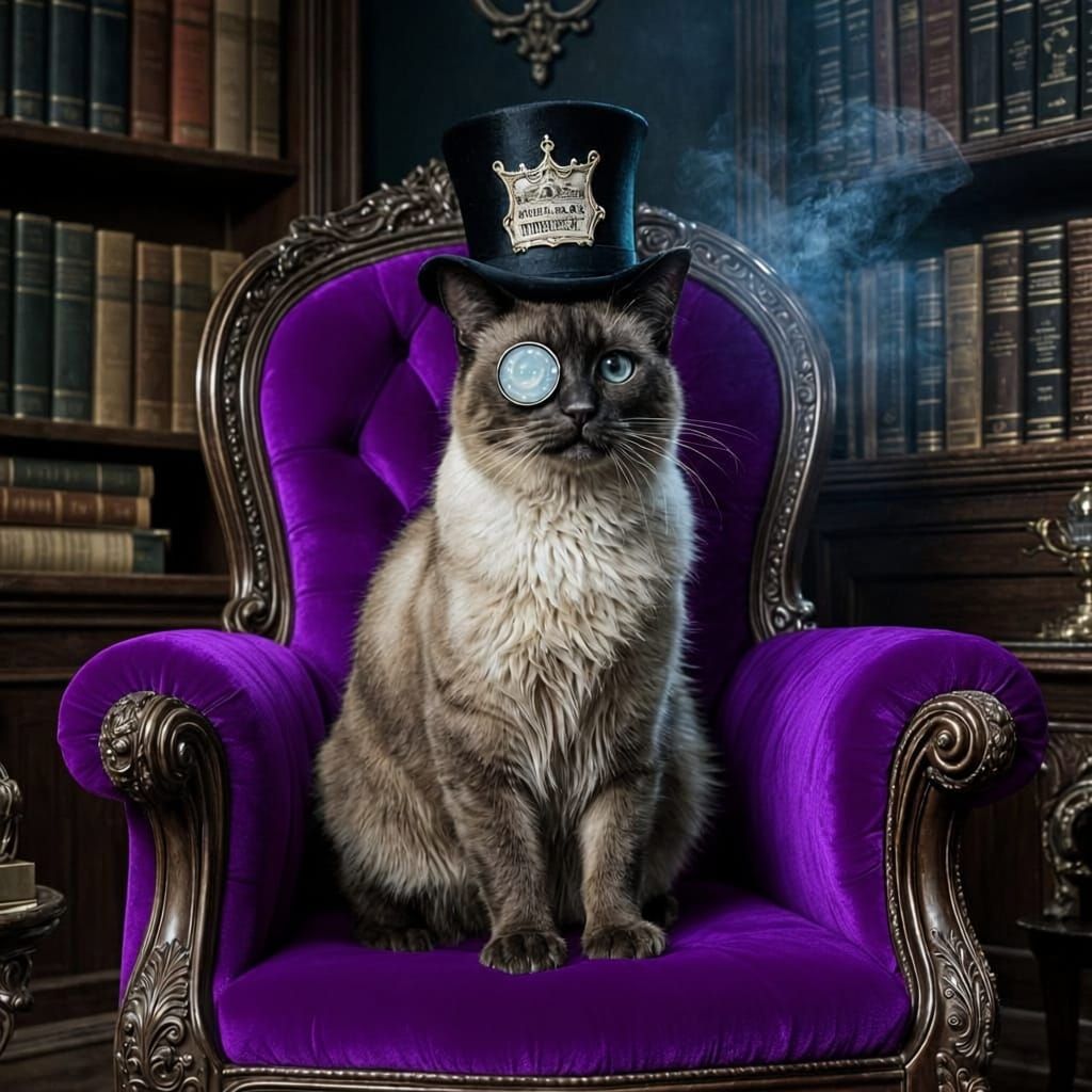 A majestic Siamese cat, adorned with a tiny monocle and top hat, sits regally on a velvet throne in a dimly lit, opulent...