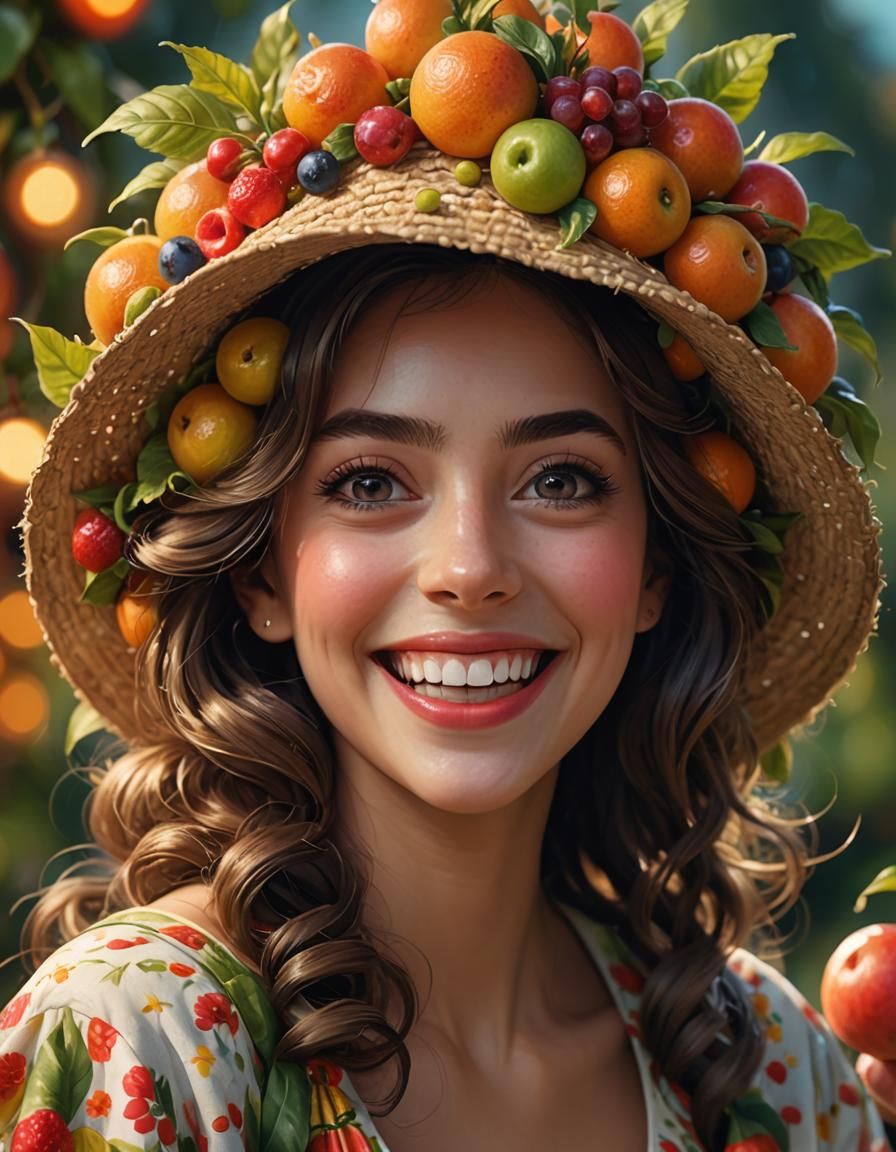 Laughing Woman's Fruit Hat: Detailed Digital Portrait