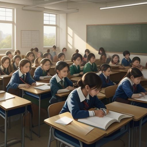 School Children Learning and Asking Questions in Vibrant Oil...