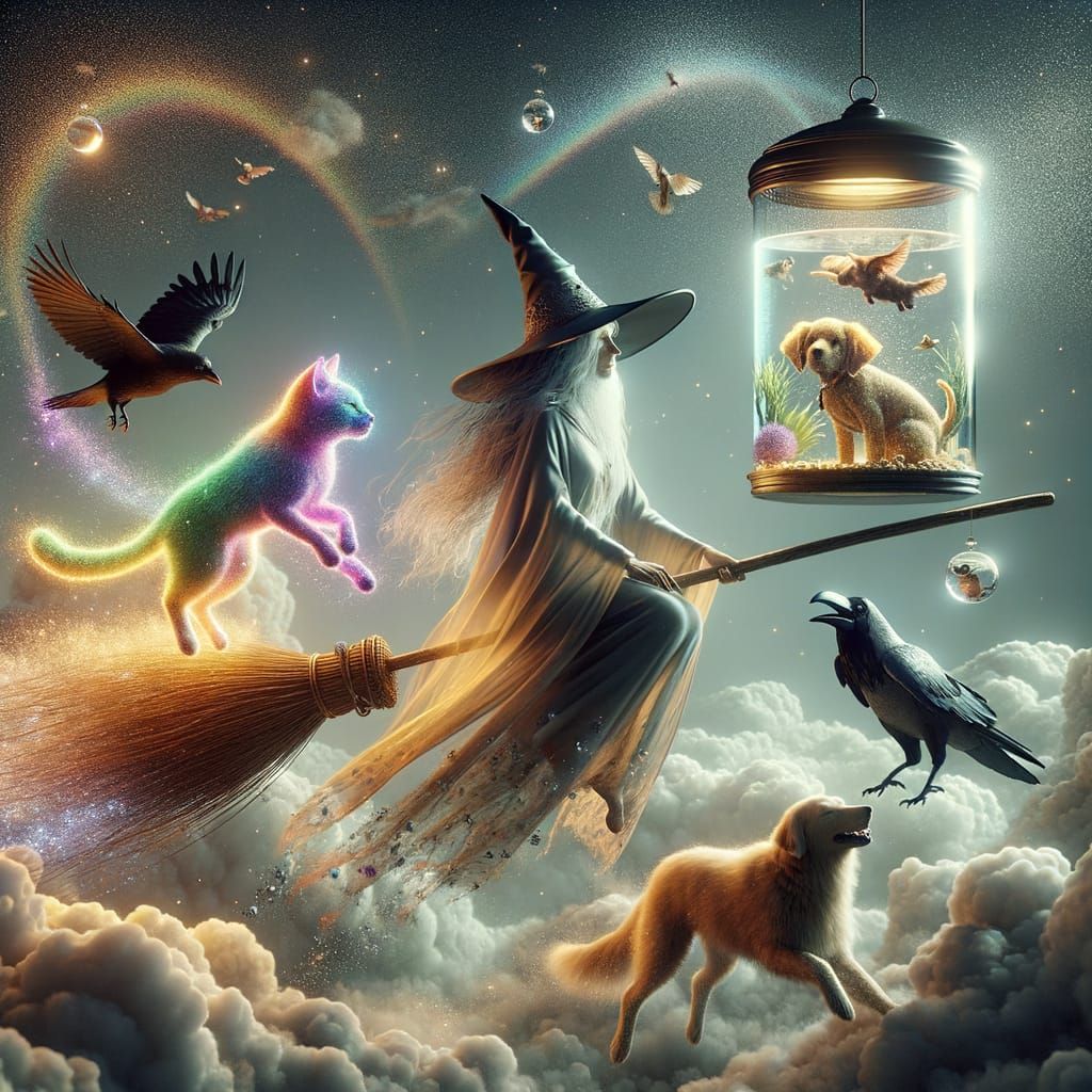 Enchanting Witch Soaring on Broomstick with Magical Companio...