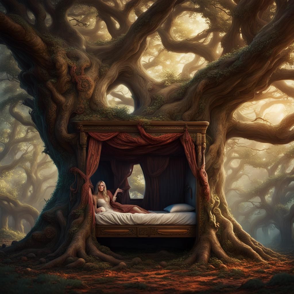 Woman in Tree Trunk Bed: Fantasy Concept Art