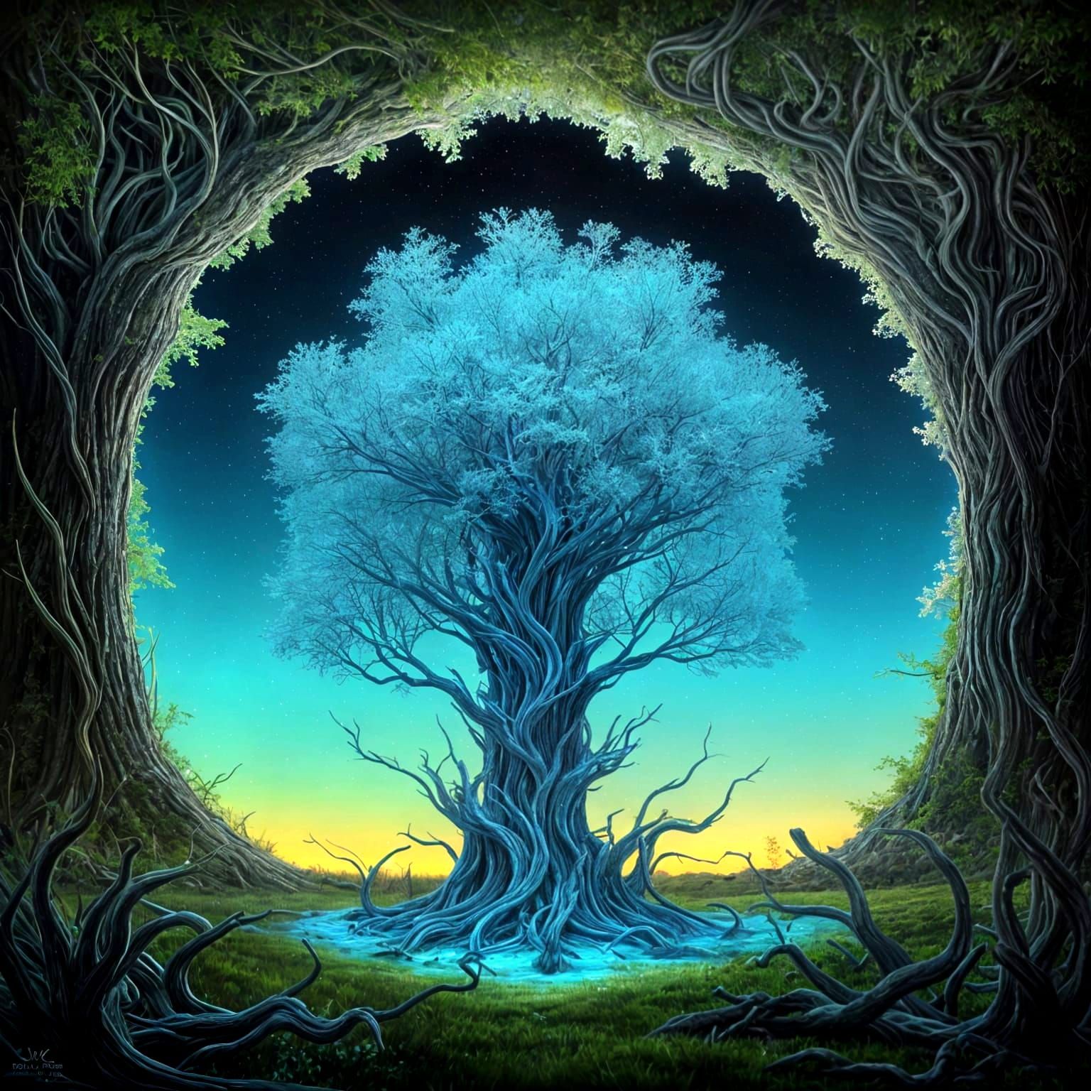 Glowing Tree Hydra Emerges in Alien Meadow Landscape