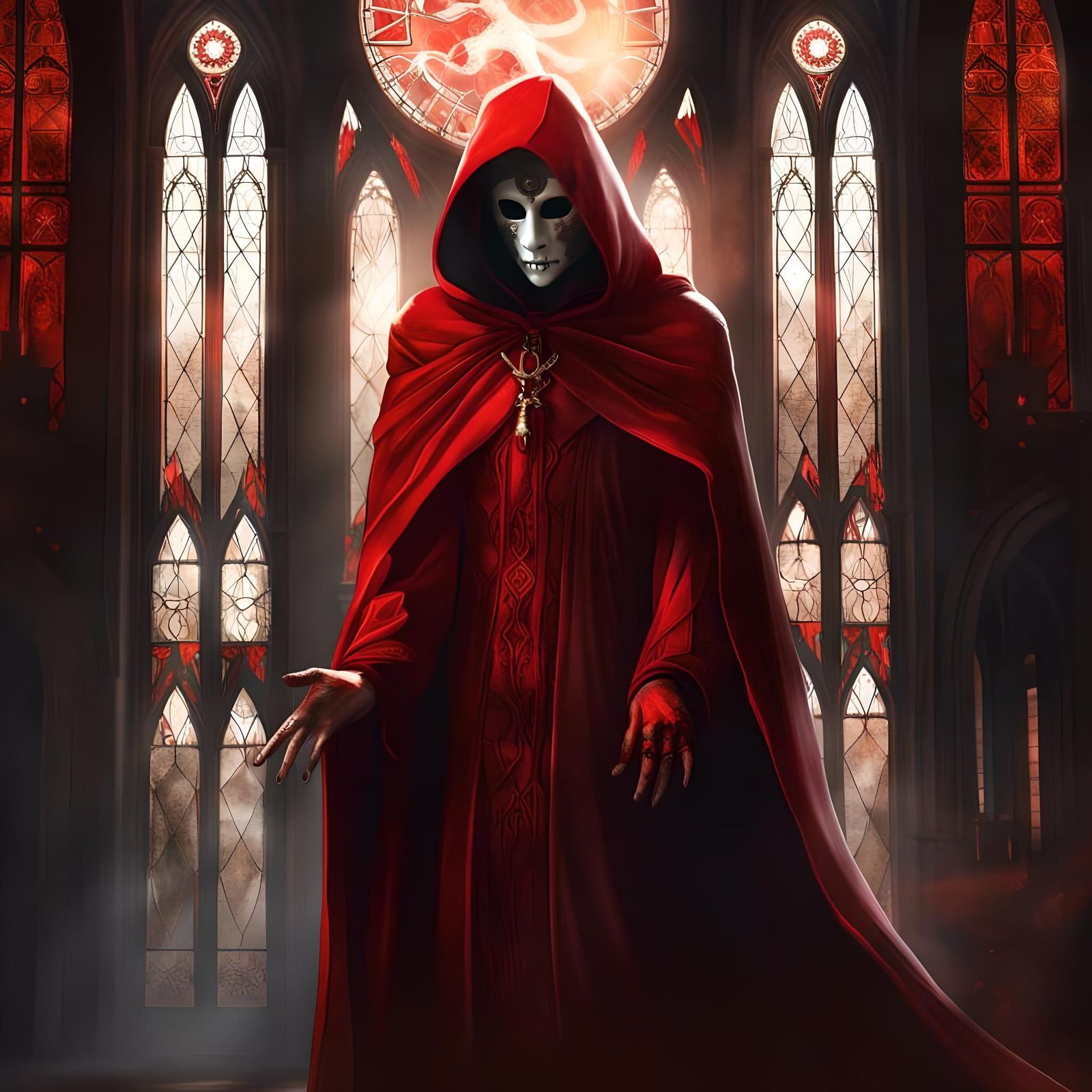 Mysterious Masked Figure in Gothic Castle