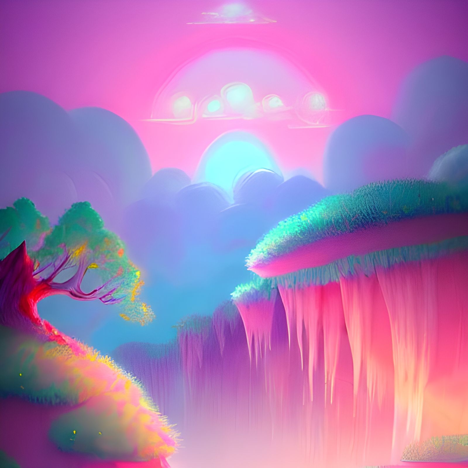 Pink and Cyan Fantasy Landscape, Sci-Fi Mystical Art