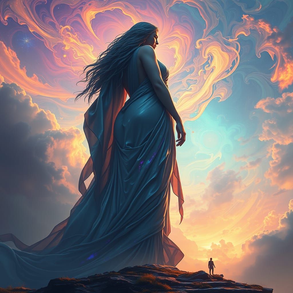 Gigantic Goddess Ascends into Dreamlike Landscape