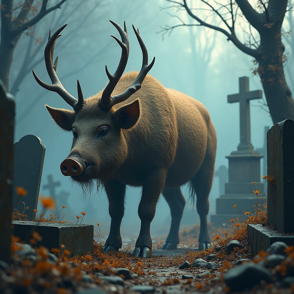 Elk-Pig Graveyard Devourer in Dark Fantasy Style