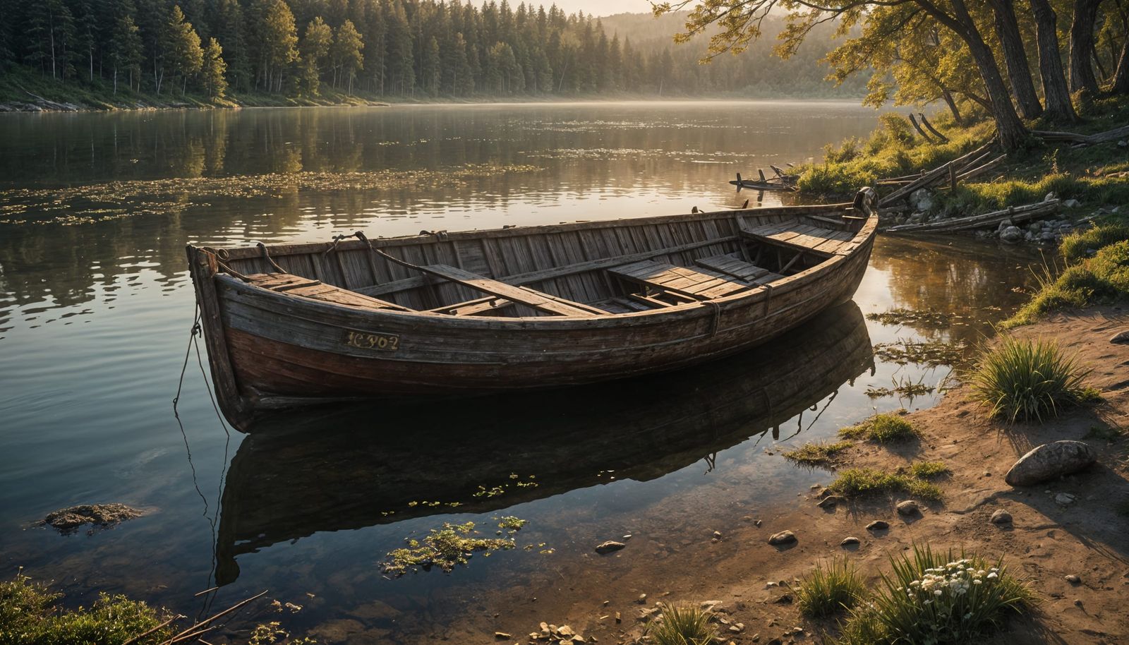 Evening Lake Scene with Old Boat